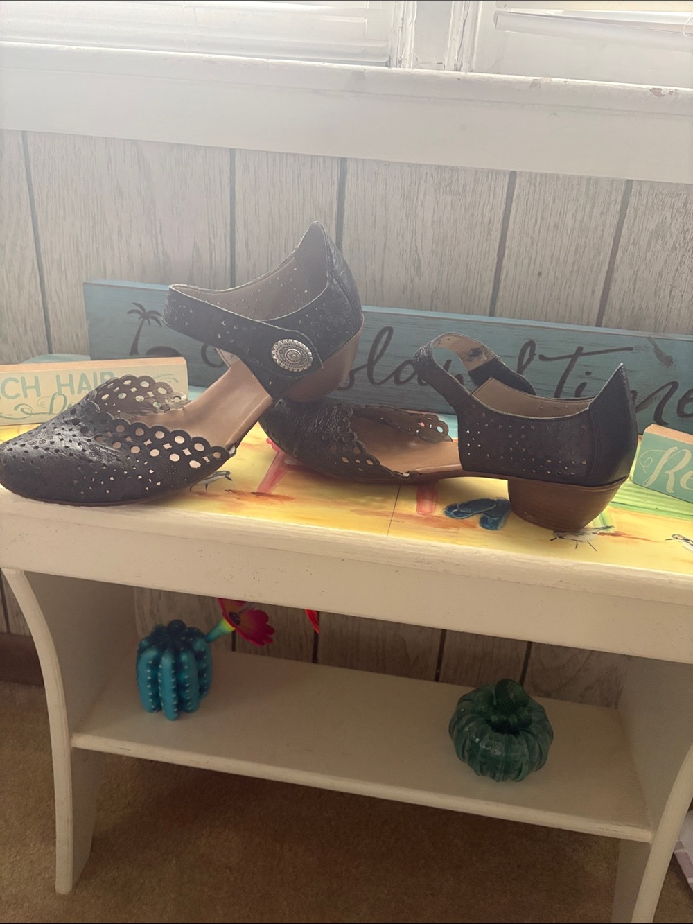 Perforated Cutout Navy Mary Jane Flats with Low Heel